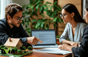 Arquiteto e engenheiro analisando plantas e discutindo a regularização de um imóvel.