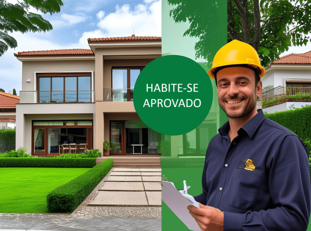 Comparação de uma casa antes e depois da aprovação do Habite-se, com um inspetor sorridente no centro.