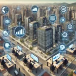 Vista aérea de cidade com edifícios modernamente regularizados pela IMA Projetos. Em primeiro plano, a equipe técnica utiliza telas digitais e gráficos para demonstrar agilidade e transparência no processo de habite-se.